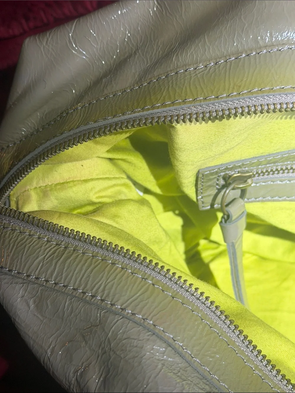 Boden Green Patent Satchel with Tan Leather Handles